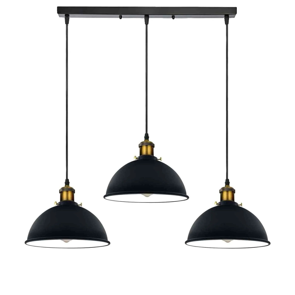 3-Light Pendant Cluster – Cone, Dome or Scalloped Shades, Plate or Bar - Yellow Brass, Dome 21 cm Black & White Inner, Bar, Without Bulb