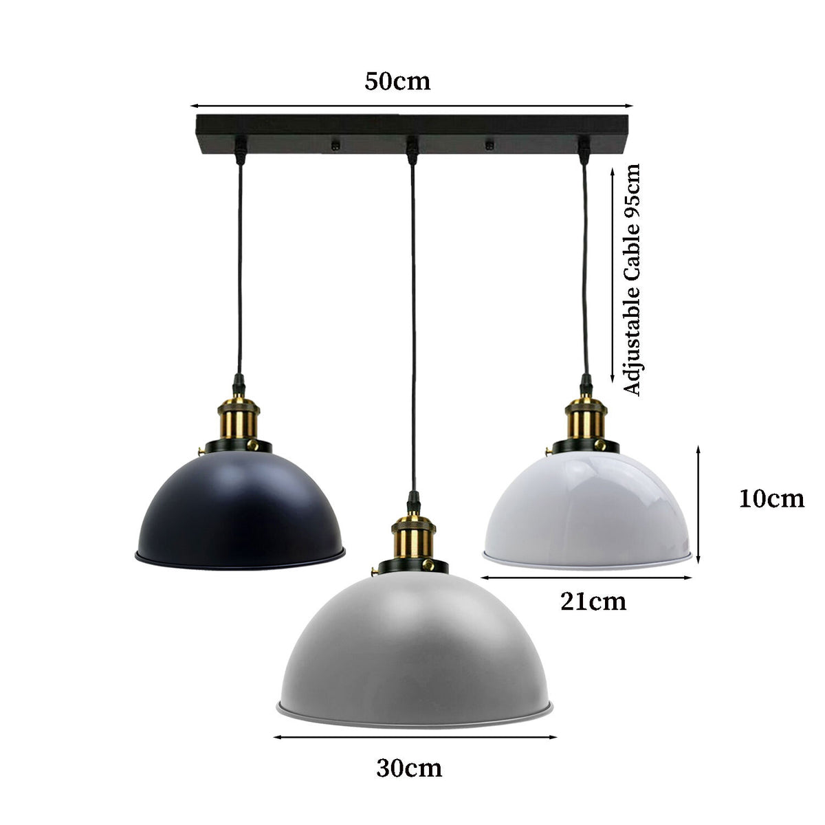 3-Light Pendant Cluster – Cone, Dome or Scalloped Shades, Plate or Bar - Yellow Brass, Mixed Domes – Black & White Inner, White, Grey, Bar, Without Bulb