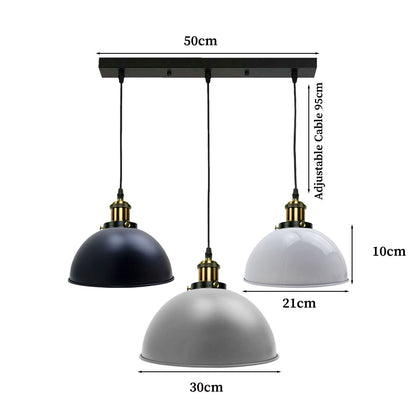 3-Light Pendant Cluster – Cone, Dome or Scalloped Shades, Plate or Bar - Yellow Brass, Mixed Domes – Black & White Inner, White, Grey, Bar, Without Bulb
