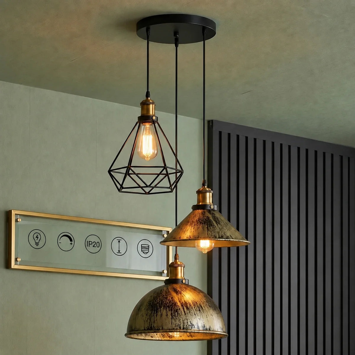 3-Light Pendant Cluster – Cone, Dome or Scalloped Shades, Plate or Bar - Yellow Brass, Brushed Brass Dome, Cone & Black Cage, Round Plate, Without Bulb