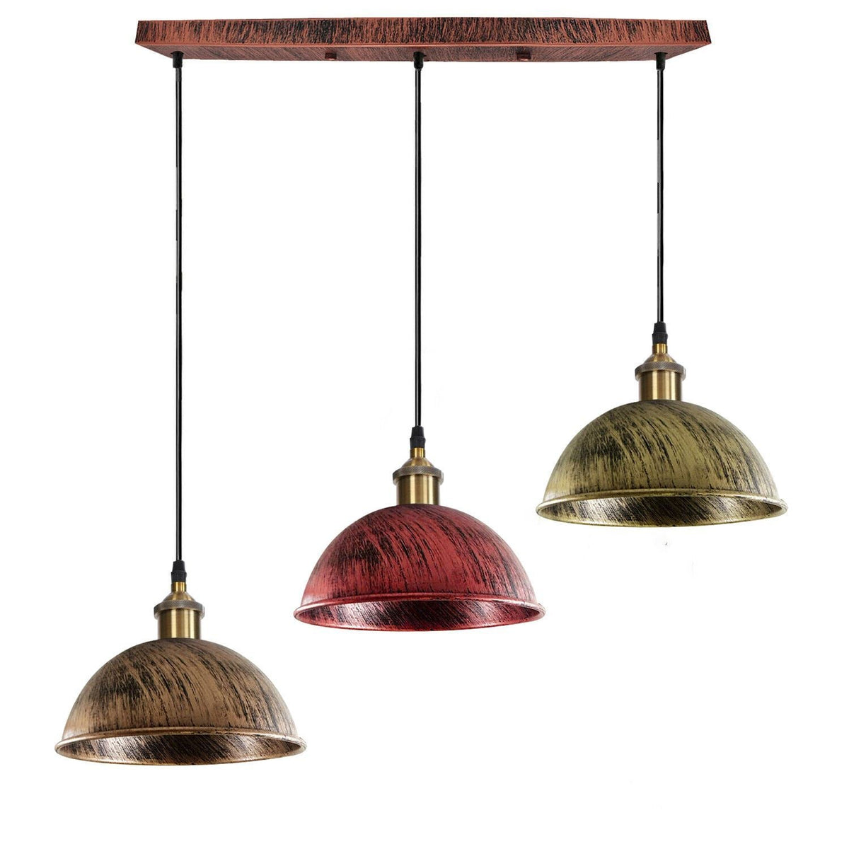 3-Light Pendant Cluster – Cone, Dome or Scalloped Shades, Plate or Bar - Yellow Brass, Mixed Domes – Brass, Copper, Rustic Red, Bar, Without Bulb
