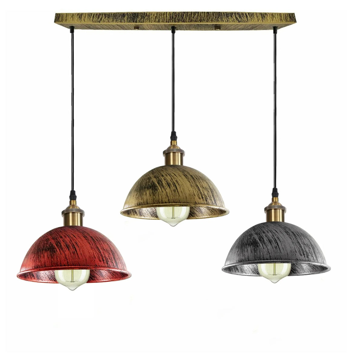 3-Light Pendant Cluster – Cone, Dome or Scalloped Shades, Plate or Bar - Yellow Brass, Mixed Domes – Brass, Silver, Rustic Red, Bar, Without Bulb