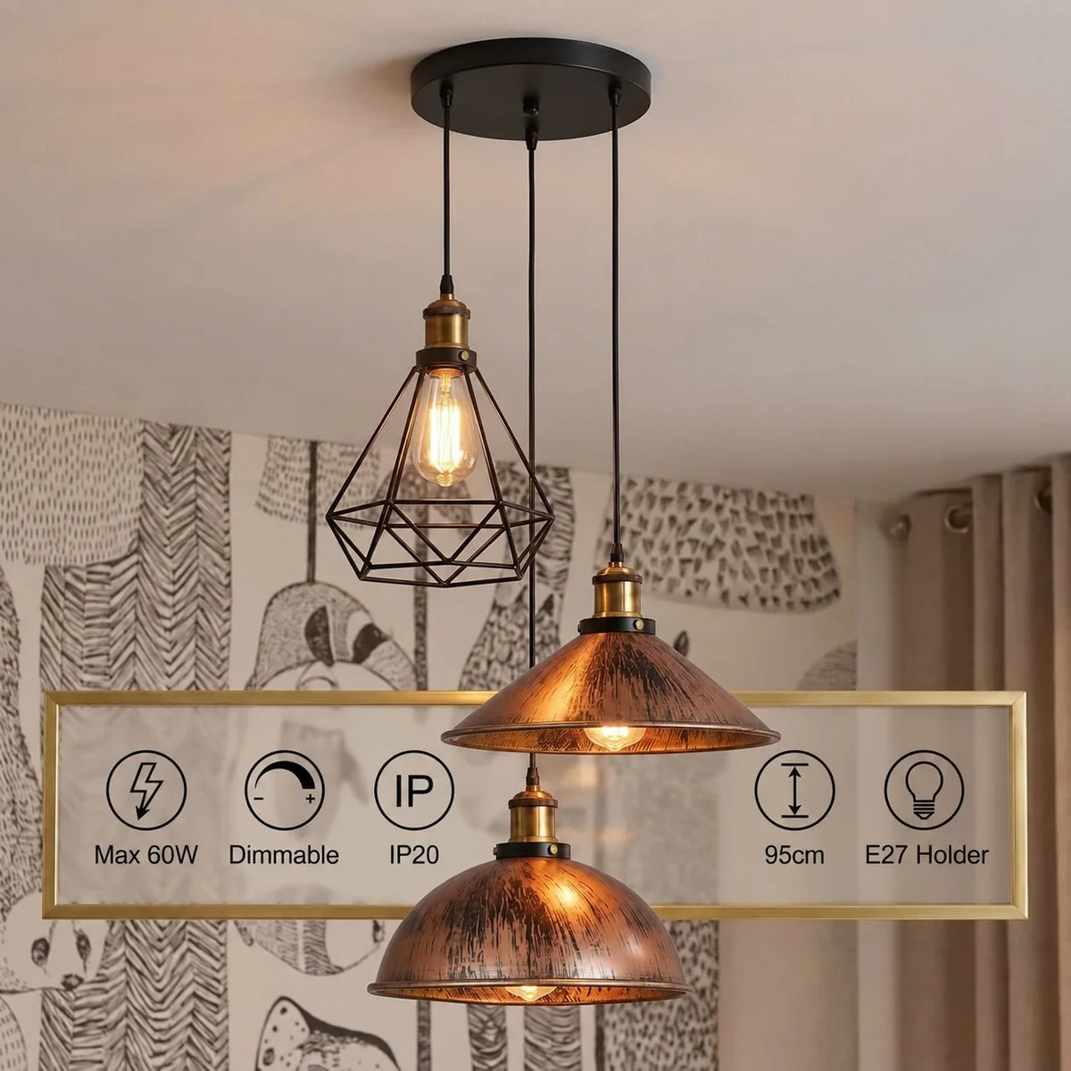 3-Light Pendant Cluster – Cone, Dome or Scalloped Shades, Plate or Bar - Yellow Brass, Brushed Copper Dome, Cone & Black Cage, Round Plate, Without Bulb