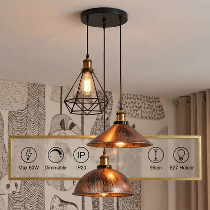 3-Light Pendant Cluster – Cone, Dome or Scalloped Shades, Plate or Bar - Yellow Brass, Brushed Copper Dome, Cone & Black Cage, Round Plate, Without Bulb