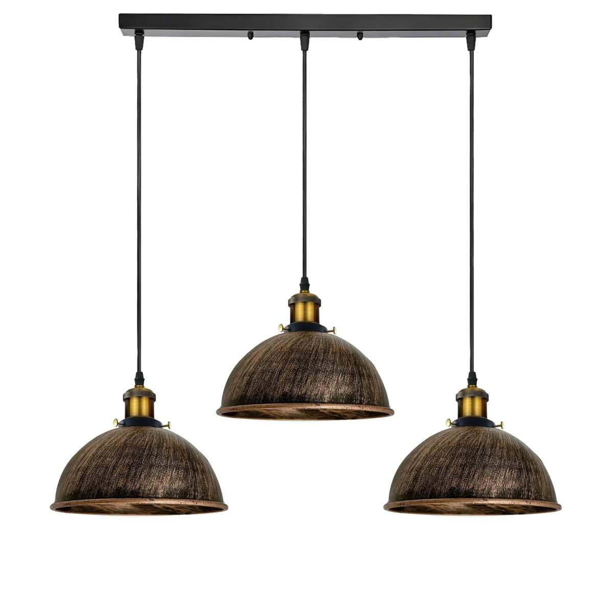 3-Light Pendant Cluster – Cone, Dome or Scalloped Shades, Plate or Bar - Yellow Brass, Dome 21 cm Brushed Copper, Black Bar, Without Bulb