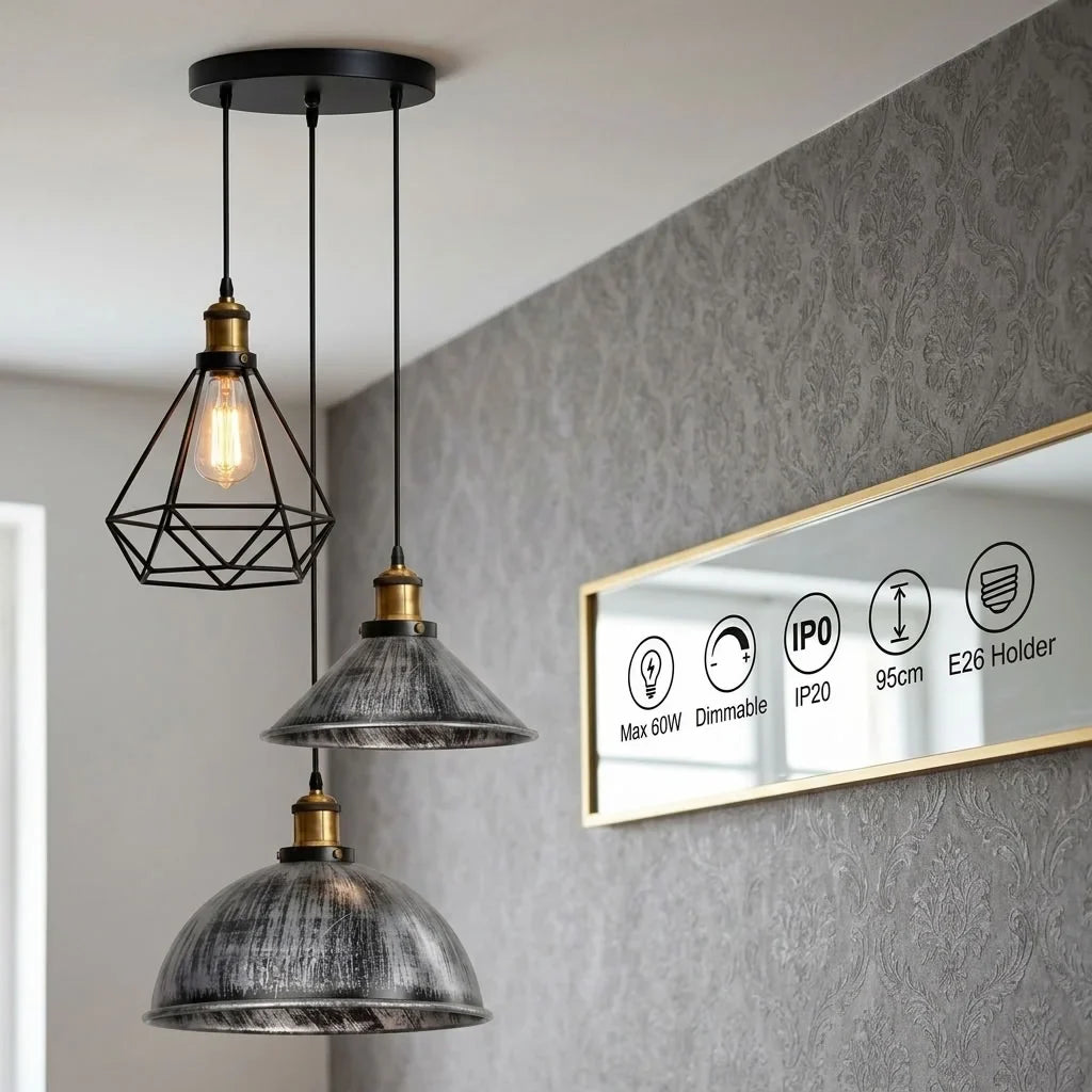 3-Light Pendant Cluster – Cone, Dome or Scalloped Shades, Plate or Bar - Yellow Brass, Brushed Silver Dome, Cone & Black Cage, Round Plate, Without Bulb