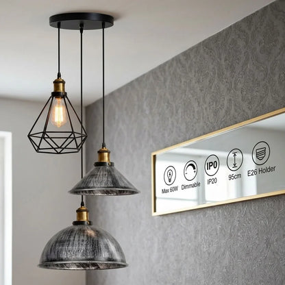 3-Light Pendant Cluster – Cone, Dome or Scalloped Shades, Plate or Bar - Yellow Brass, Brushed Silver Dome, Cone & Black Cage, Round Plate, Without Bulb