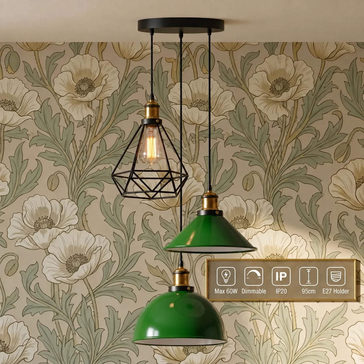 3-Light Pendant Cluster – Cone, Dome or Scalloped Shades, Plate or Bar - Yellow Brass, Green Dome, Cone & Black Cage, Round Plate, Without Bulb