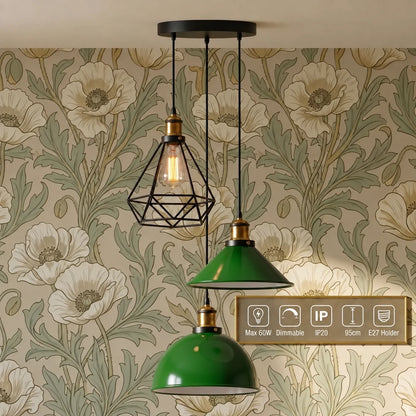 3-Light Pendant Cluster – Cone, Dome or Scalloped Shades, Plate or Bar - Yellow Brass, Green Dome, Cone & Black Cage, Round Plate, Without Bulb