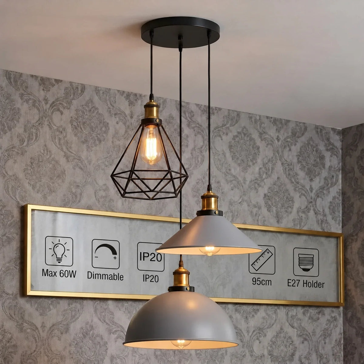 3-Light Pendant Cluster – Cone, Dome or Scalloped Shades, Plate or Bar - Yellow Brass, Grey Dome, Cone & Black Cage, Round Plate, Without Bulb