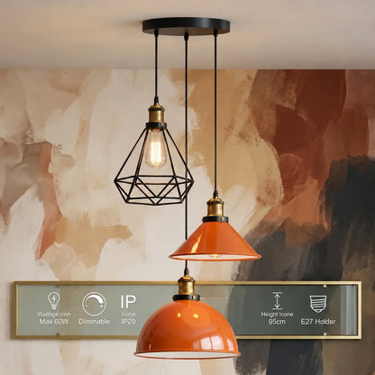 3-Light Pendant Cluster – Cone, Dome or Scalloped Shades, Plate or Bar - Yellow Brass, Orange Dome, Cone & Black Cage, Round Plate, Without Bulb