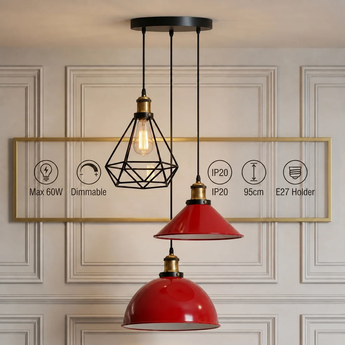 3-Light Pendant Cluster – Cone, Dome or Scalloped Shades, Plate or Bar - Yellow Brass, Red Dome, Cone & Black Cage, Round Plate, Without Bulb