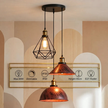 3-Light Pendant Cluster – Cone, Dome or Scalloped Shades, Plate or Bar - Yellow Brass, Rustic Red Dome, Cone & Black Cage, Round Plate, Without Bulb