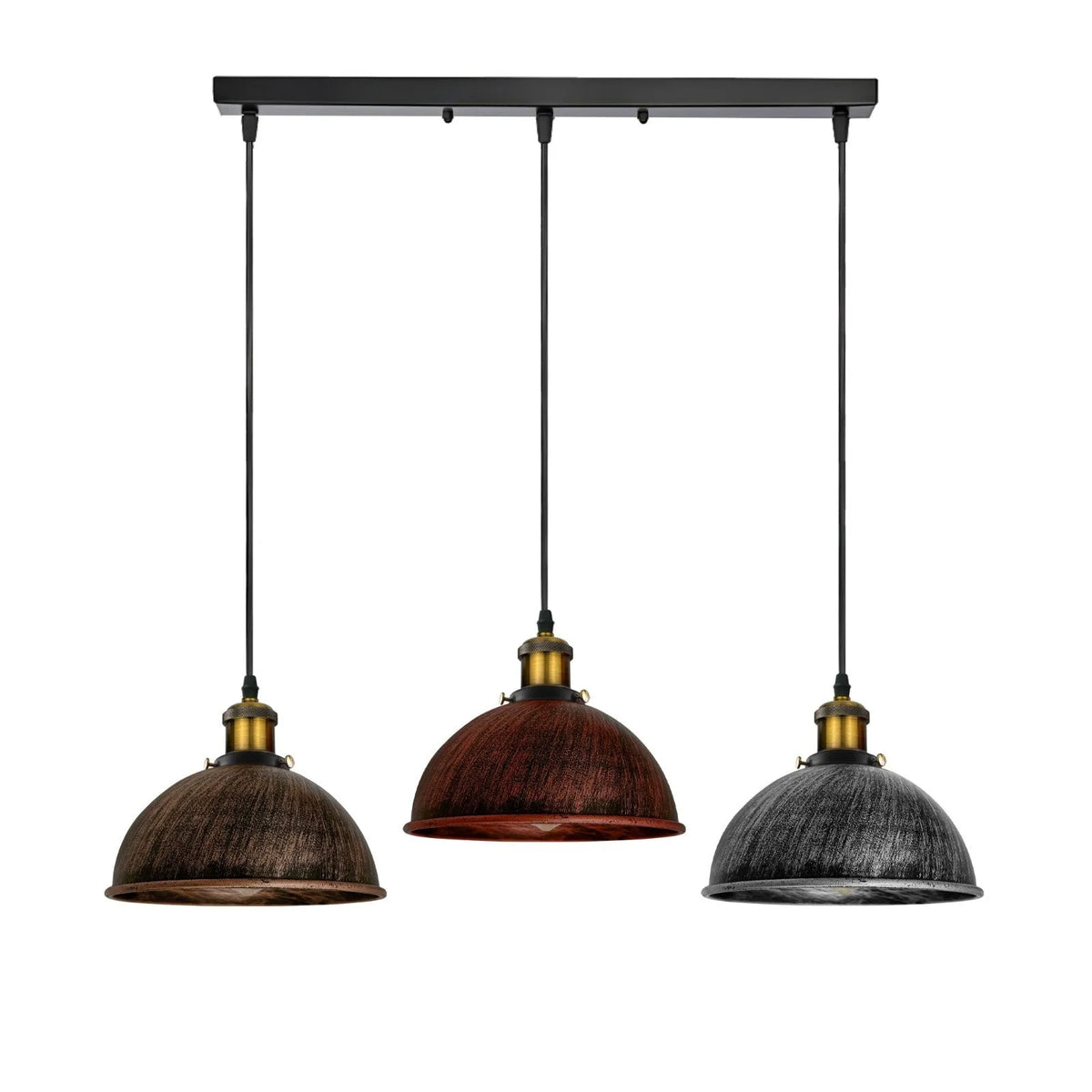3-Light Pendant Cluster – Cone, Dome or Scalloped Shades, Plate or Bar - Yellow Brass, Mixed Domes – Rustic Red, Silver, Copper, Black Bar, Without Bulb