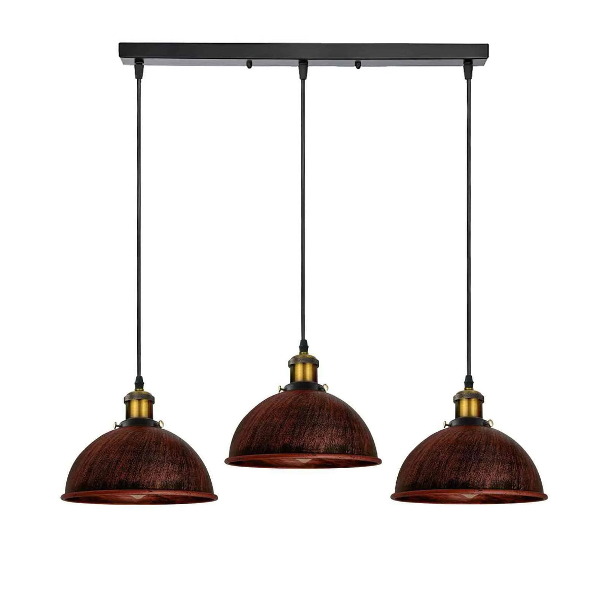 3-Light Pendant Cluster – Cone, Dome or Scalloped Shades, Plate or Bar - Yellow Brass, Dome 21 cm Rustic Red, Black Bar, Without Bulb