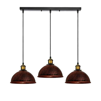 3-Light Pendant Cluster – Cone, Dome or Scalloped Shades, Plate or Bar - Yellow Brass, Dome 21 cm Rustic Red, Black Bar, Without Bulb