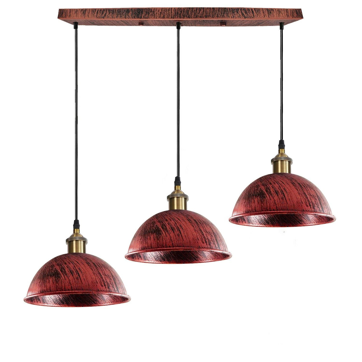 3-Light Pendant Cluster – Cone, Dome or Scalloped Shades, Plate or Bar - Yellow Brass, Dome 21 cm Rustic Red, Bar, Without Bulb