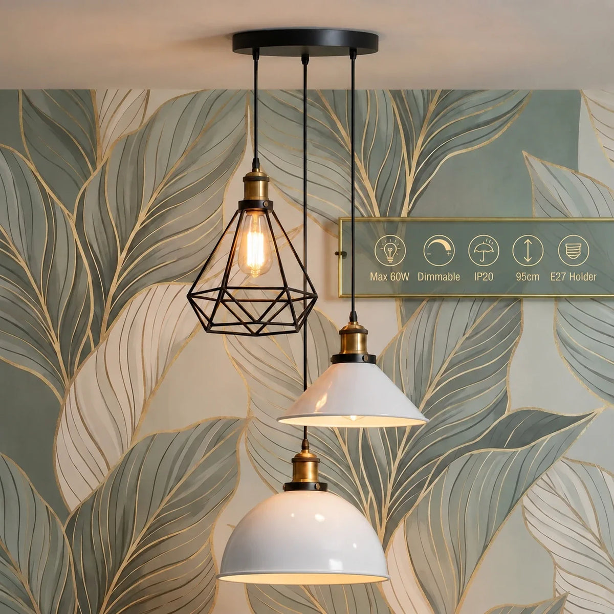 3-Light Pendant Cluster – Cone, Dome or Scalloped Shades, Plate or Bar - Yellow Brass, White Dome, Cone & Black Cage, Round Plate, Without Bulb