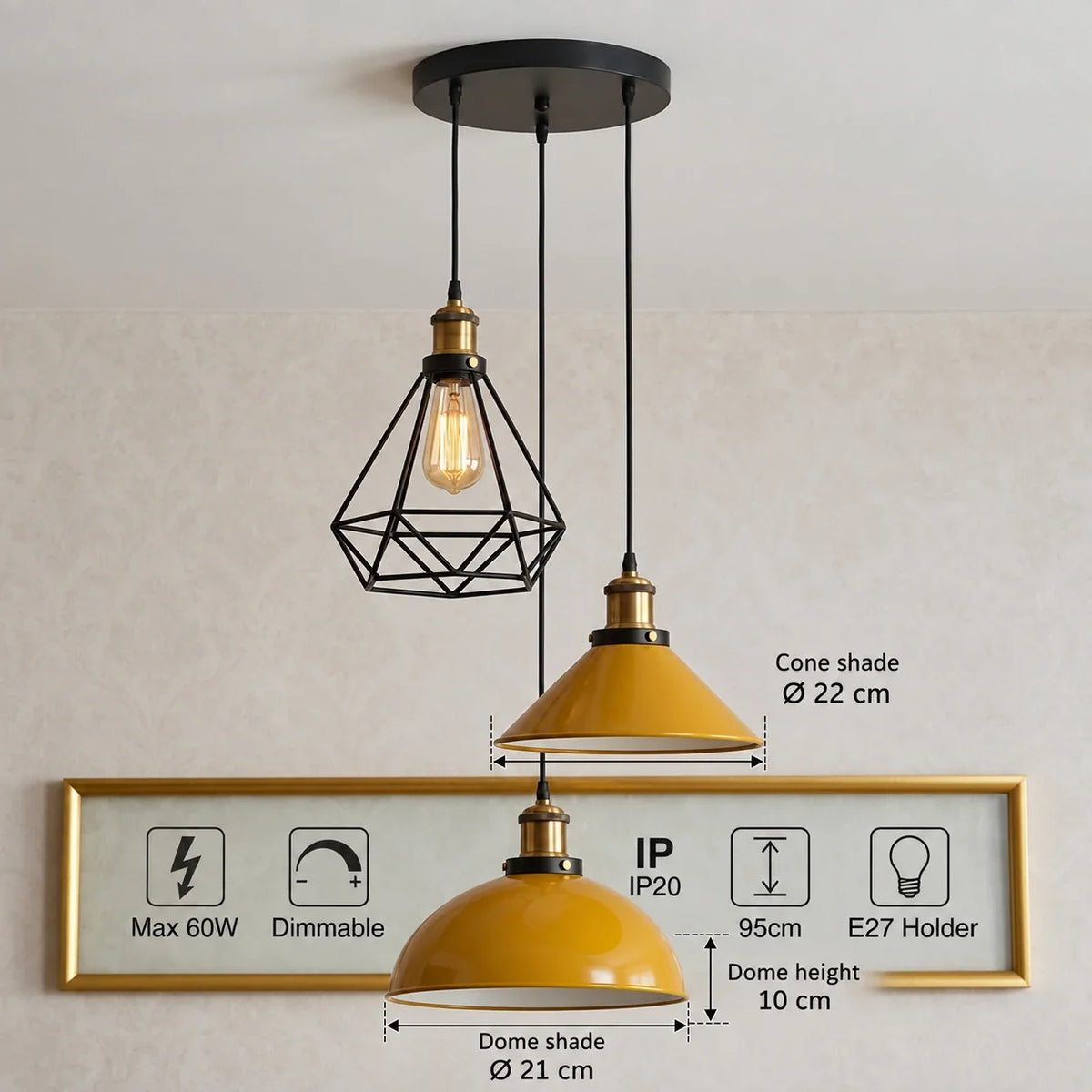 3-Light Pendant Cluster – Cone, Dome or Scalloped Shades, Plate or Bar - Yellow Brass, Yellow Dome, Cone & Black Cage, Round Plate, Without Bulb