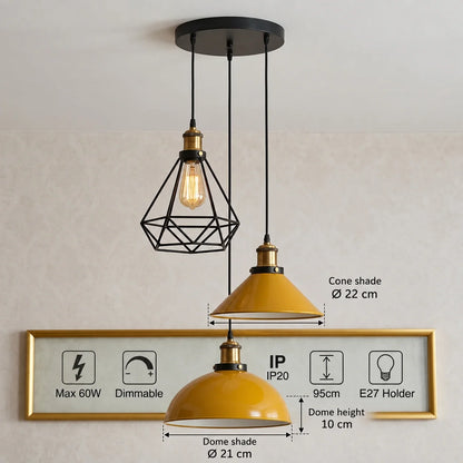 3-Light Pendant Cluster – Cone, Dome or Scalloped Shades, Plate or Bar - Yellow Brass, Yellow Dome, Cone & Black Cage, Round Plate, Without Bulb