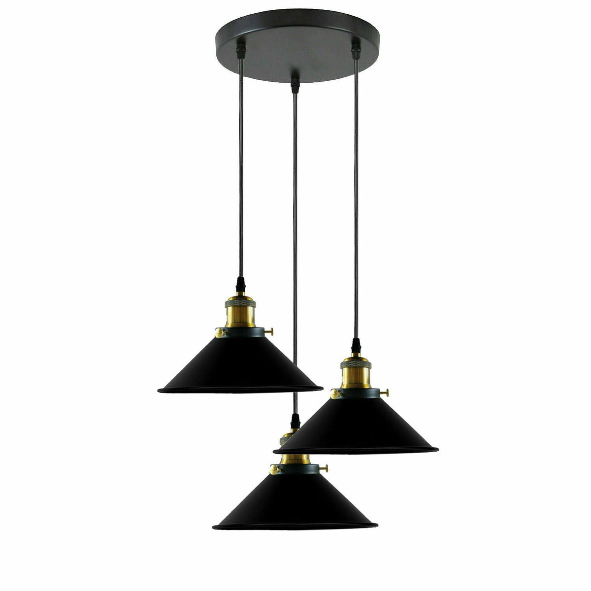 3-Light Pendant Cluster – Cone, Dome or Scalloped Shades, Plate or Bar - Yellow Brass, Flat Cone 22 cm Black, Round Plate, Without Bulb