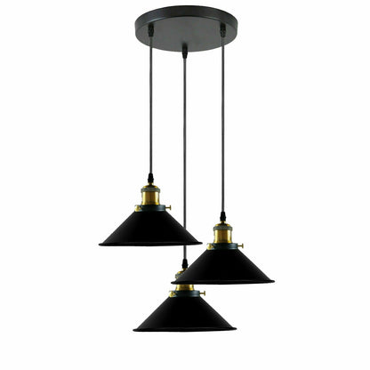3-Light Pendant Cluster – Cone, Dome or Scalloped Shades, Plate or Bar - Yellow Brass, Flat Cone 22 cm Black, Round Plate, Without Bulb