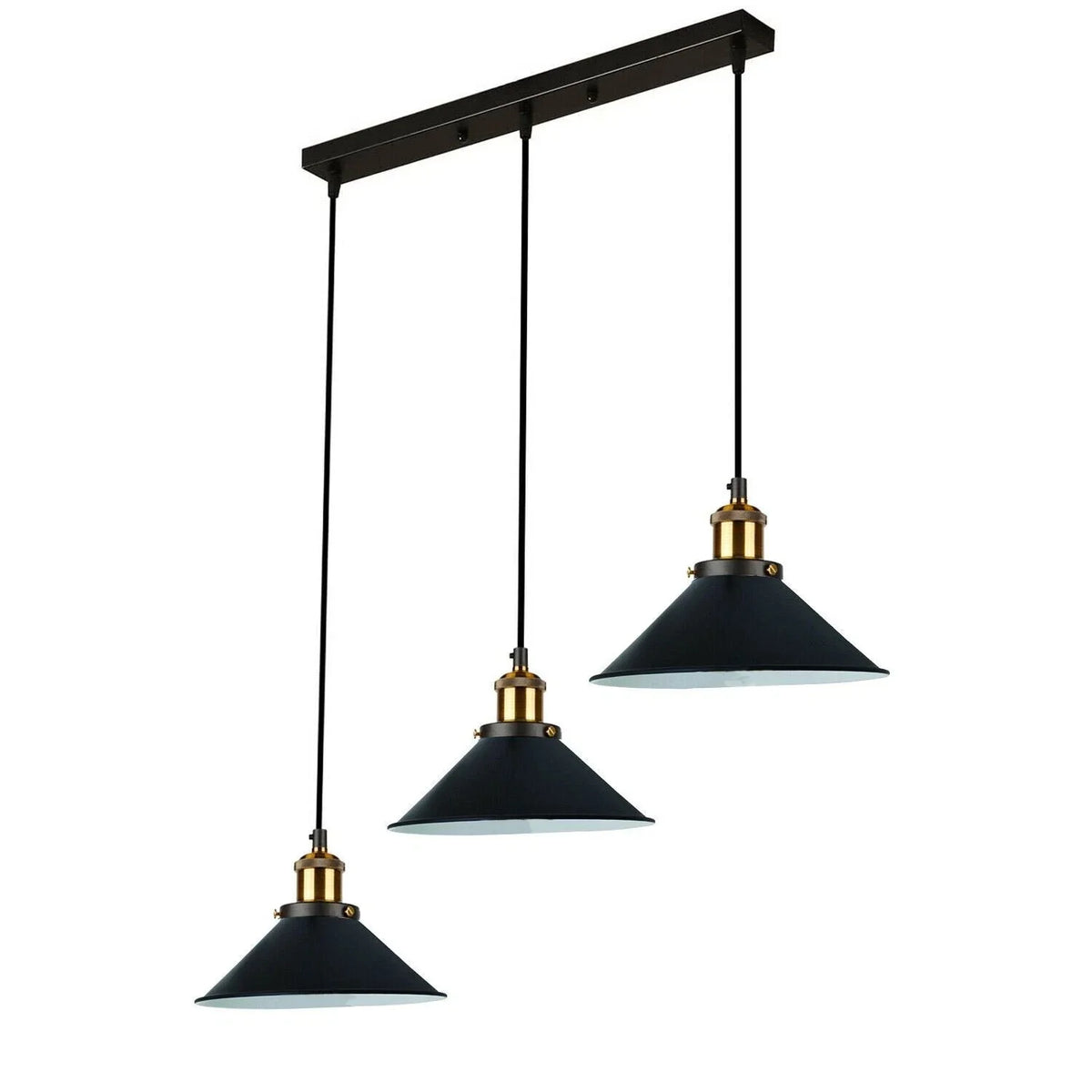 3-Light Pendant Cluster – Cone, Dome or Scalloped Shades, Plate or Bar - Yellow Brass, Flat Cone 22 cm Black, Bar, Without Bulb