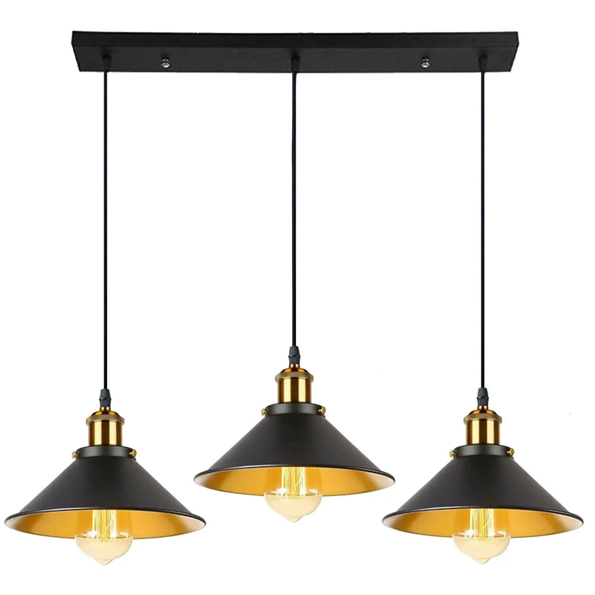 3-Light Pendant Cluster – Cone, Dome or Scalloped Shades, Plate or Bar - Yellow Brass, Flat Cone 22 cm Black & Gold, Bar, Without Bulb