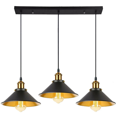 3-Light Pendant Cluster – Cone, Dome or Scalloped Shades, Plate or Bar - Yellow Brass, Flat Cone 22 cm Black & Gold, Bar, Without Bulb