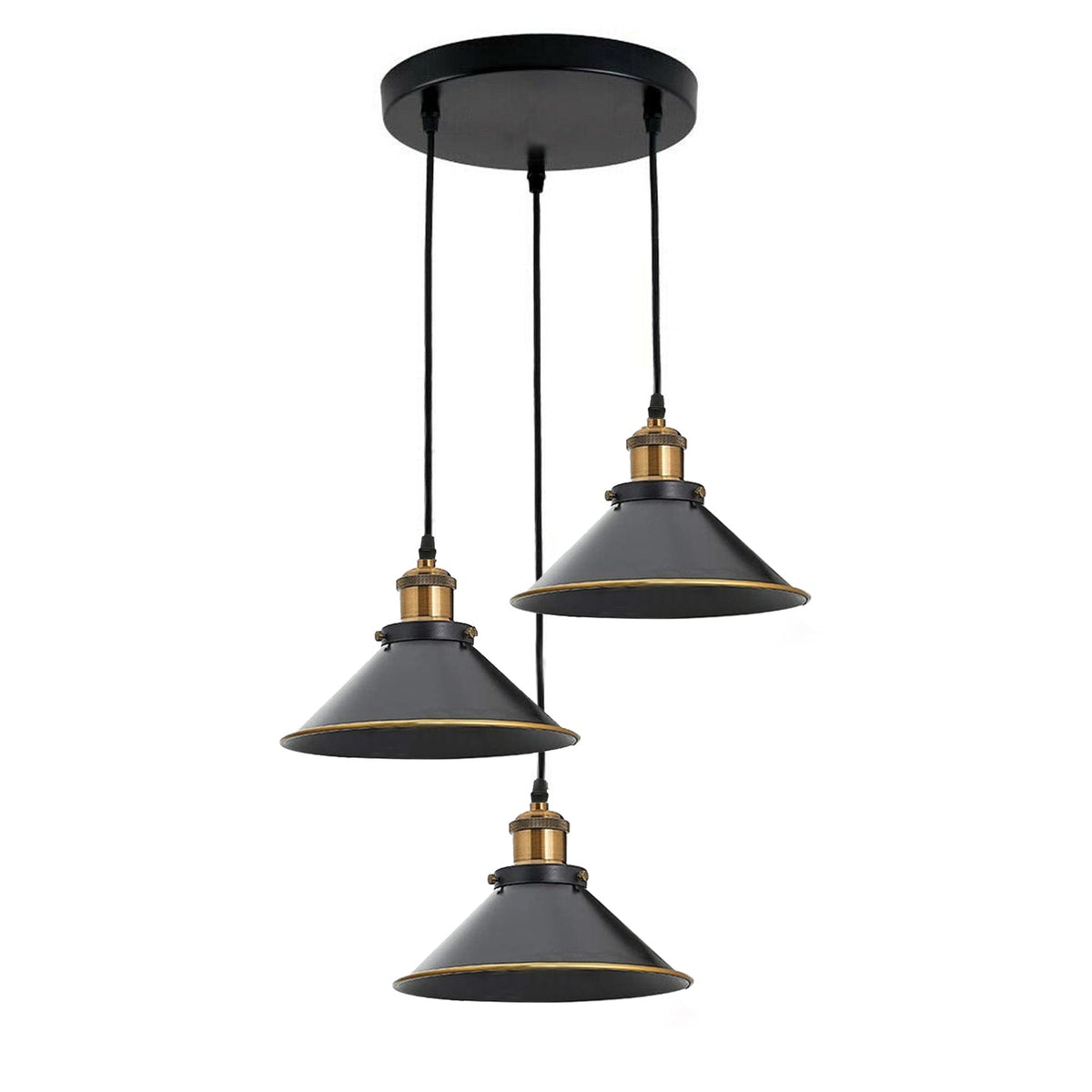 3-Light Pendant Cluster – Cone, Dome or Scalloped Shades, Plate or Bar - Yellow Brass, Flat Cone 22 cm Black & Gold Line, Round Plate, Without Bulb