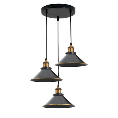 3-Light Pendant Cluster – Cone, Dome or Scalloped Shades, Plate or Bar - Yellow Brass, Flat Cone 22 cm Black & Gold Line, Round Plate, Without Bulb