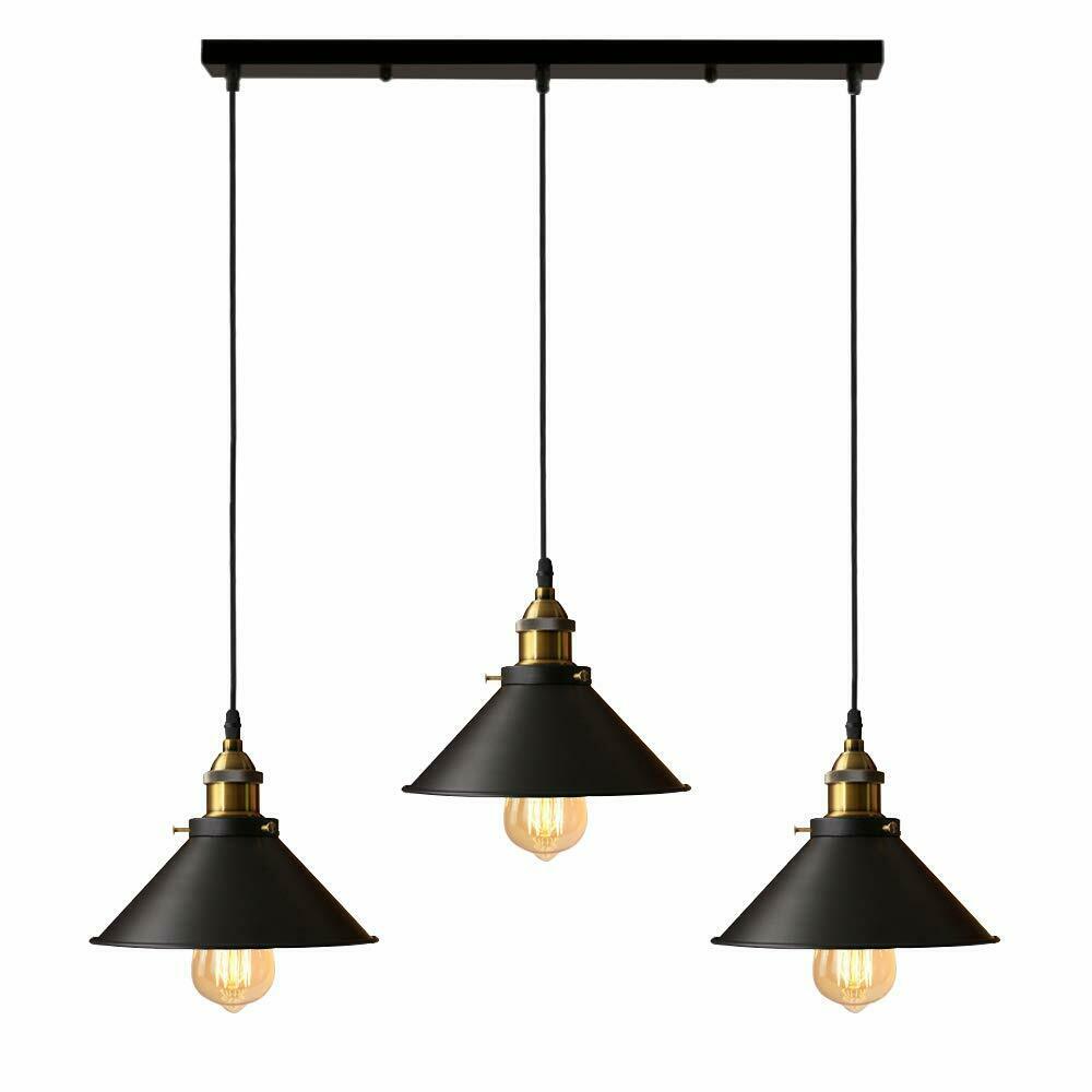 3-Light Pendant Cluster – Cone, Dome or Scalloped Shades, Plate or Bar - Yellow Brass, Flat Cone 22 cm Black, Bar, ST64 LED Bulb 4W