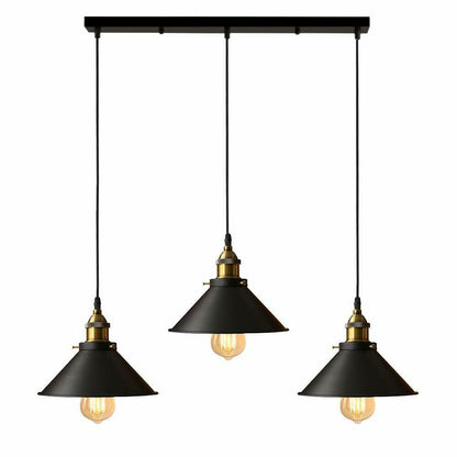 3-Light Pendant Cluster – Cone, Dome or Scalloped Shades, Plate or Bar - Yellow Brass, Flat Cone 22 cm Black, Bar, ST64 LED Bulb 4W