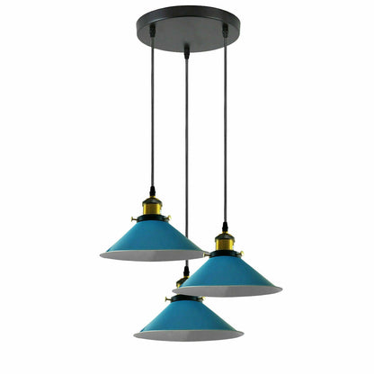 3-Light Pendant Cluster – Cone, Dome or Scalloped Shades, Plate or Bar - Yellow Brass, Flat Cone 22 cm Blue, Round Plate, Without Bulb