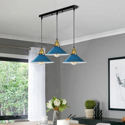 3-Light Pendant Cluster – Cone, Dome or Scalloped Shades, Plate or Bar - Yellow Brass, Flat Cone 22 cm Blue, Bar, Without Bulb