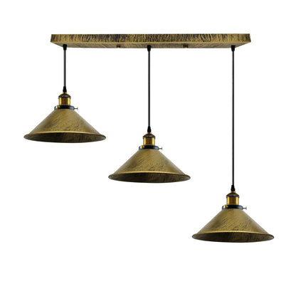 3-Light Pendant Cluster – Cone, Dome or Scalloped Shades, Plate or Bar - Yellow Brass, Flat Cone 22 cm Brushed Brass, Bar, Without Bulb