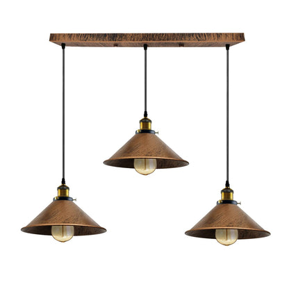 3-Light Pendant Cluster – Cone, Dome or Scalloped Shades, Plate or Bar - Yellow Brass, Flat Cone 22 cm Brushed Copper, Bar, Without Bulb