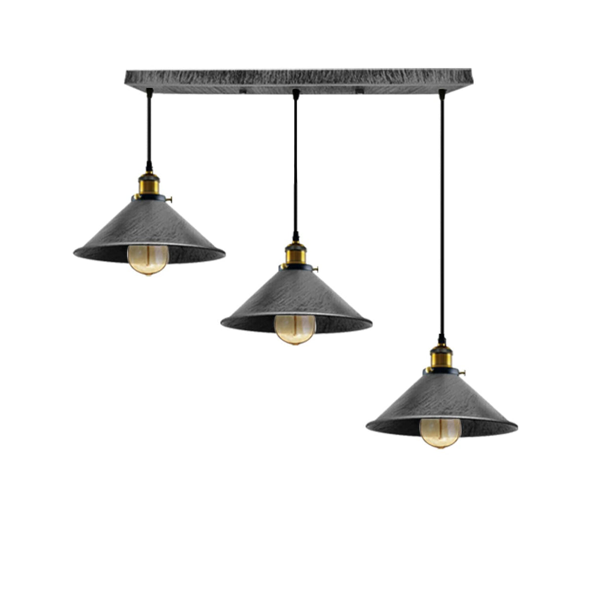 3-Light Pendant Cluster – Cone, Dome or Scalloped Shades, Plate or Bar - Yellow Brass, Flat Cone 22 cm Brushed Silver, Bar, Without Bulb