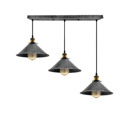 3-Light Pendant Cluster – Cone, Dome or Scalloped Shades, Plate or Bar - Yellow Brass, Flat Cone 22 cm Brushed Silver, Bar, Without Bulb