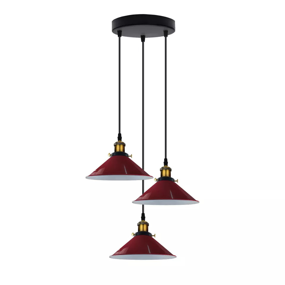 3-Light Pendant Cluster – Cone, Dome or Scalloped Shades, Plate or Bar - Yellow Brass, Flat Cone 22 cm Burgundy, Round Plate, Without Bulb