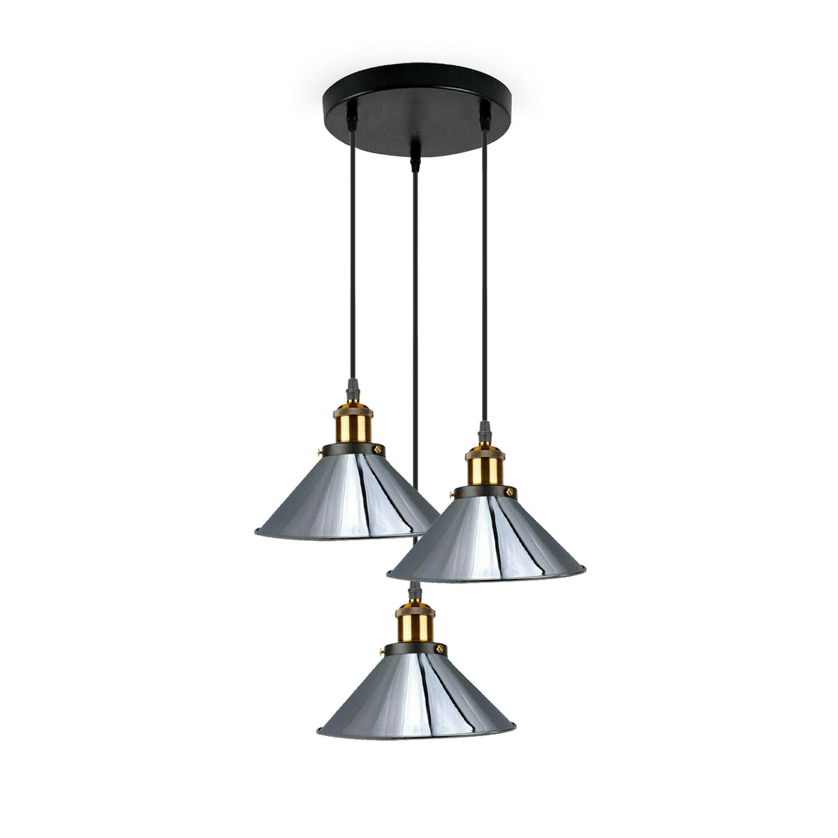3-Light Pendant Cluster – Cone, Dome or Scalloped Shades, Plate or Bar - Yellow Brass, Flat Cone 22 cm Chrome, Round Plate, Without Bulb