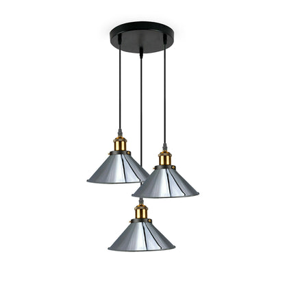 3-Light Pendant Cluster – Cone, Dome or Scalloped Shades, Plate or Bar - Yellow Brass, Flat Cone 22 cm Chrome, Round Plate, Without Bulb