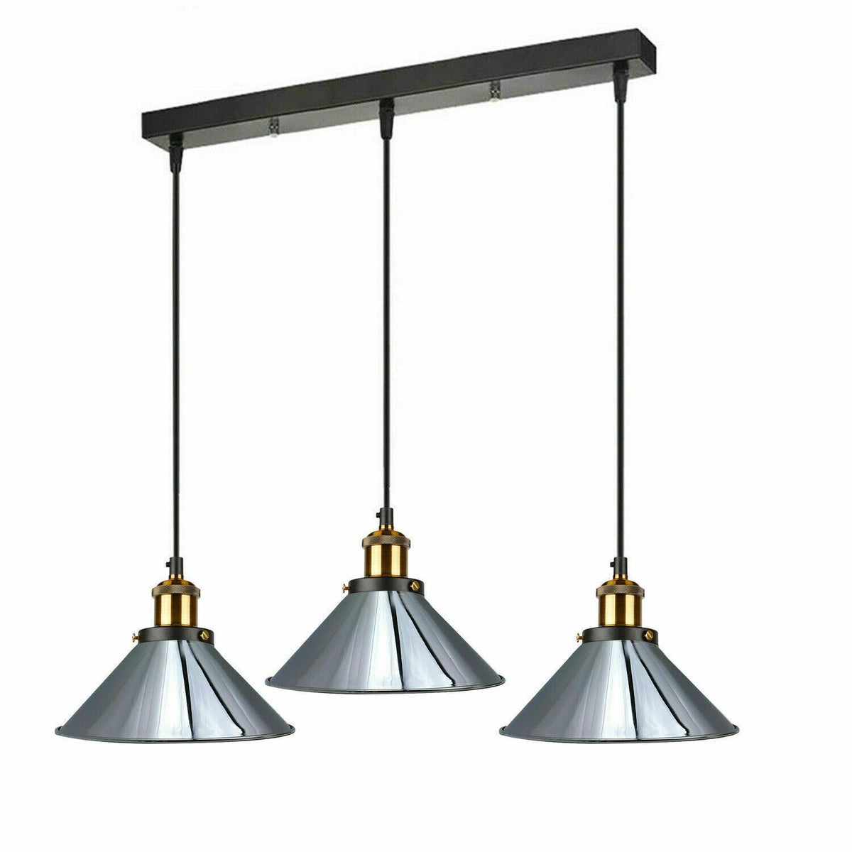 3-Light Pendant Cluster – Cone, Dome or Scalloped Shades, Plate or Bar - Yellow Brass, Flat Cone 22 cm Chrome, Bar, Without Bulb