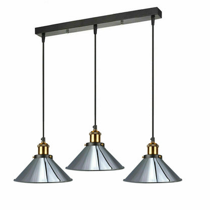 3-Light Pendant Cluster – Cone, Dome or Scalloped Shades, Plate or Bar - Yellow Brass, Flat Cone 22 cm Chrome, Bar, Without Bulb