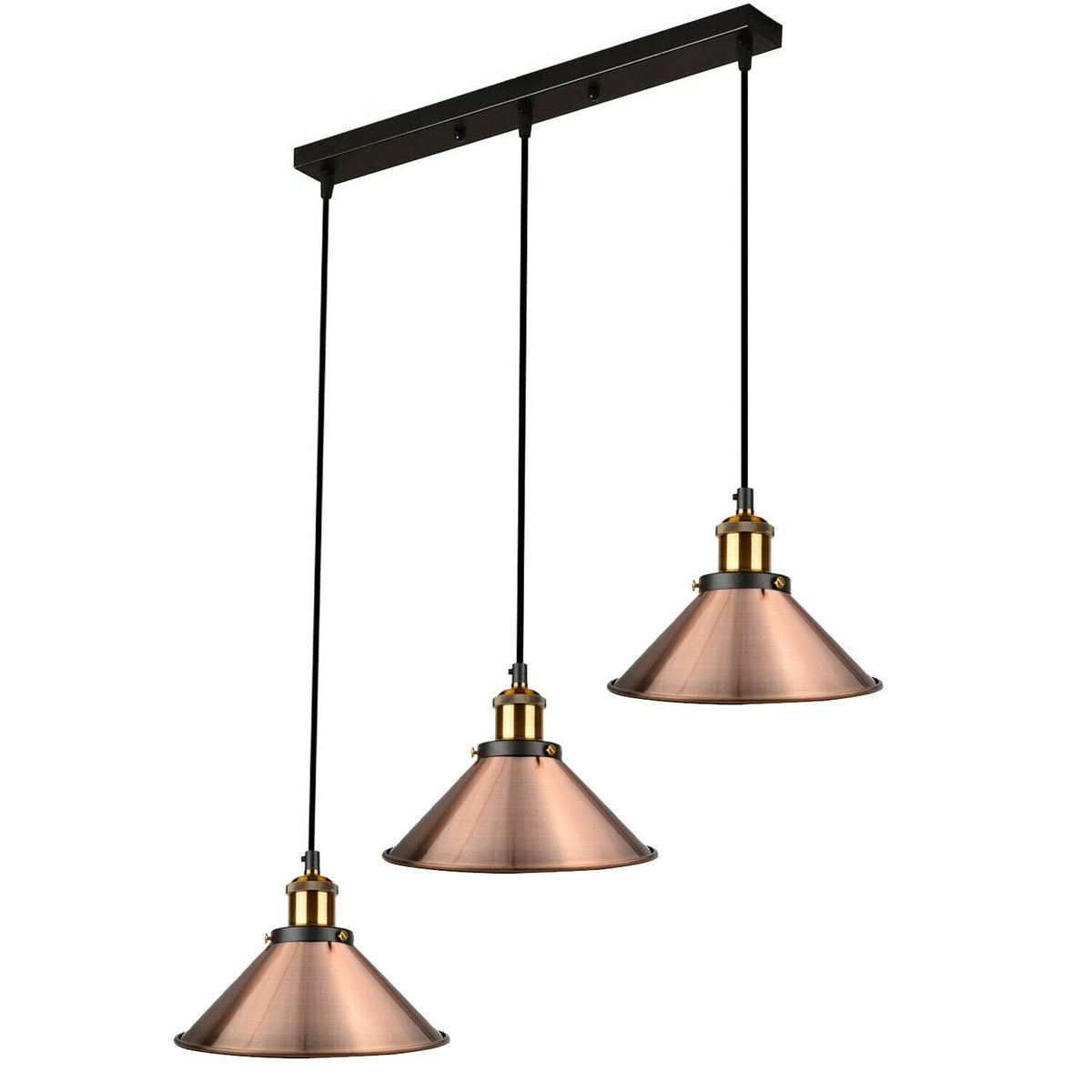 3-Light Pendant Cluster – Cone, Dome or Scalloped Shades, Plate or Bar - Yellow Brass, Flat Cone 22 cm Copper, Bar, Without Bulb