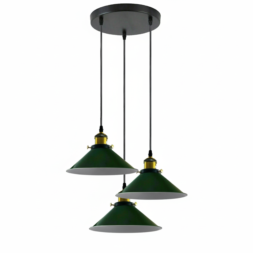 3-Light Pendant Cluster – Cone, Dome or Scalloped Shades, Plate or Bar - Yellow Brass, Flat Cone 22 cm Green, Round Plate, Without Bulb