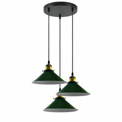 3-Light Pendant Cluster – Cone, Dome or Scalloped Shades, Plate or Bar - Yellow Brass, Flat Cone 22 cm Green, Round Plate, Without Bulb