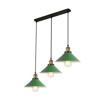 3-Light Pendant Cluster – Cone, Dome or Scalloped Shades, Plate or Bar - Yellow Brass, Flat Cone 22 cm Green, Bar, Without Bulb
