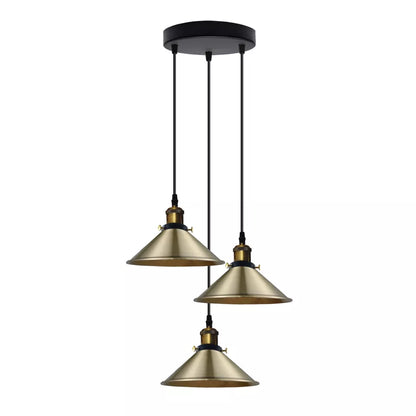 3-Light Pendant Cluster – Cone, Dome or Scalloped Shades, Plate or Bar - Yellow Brass, Flat Cone 22 cm Green Brass, Round Plate, Without Bulb