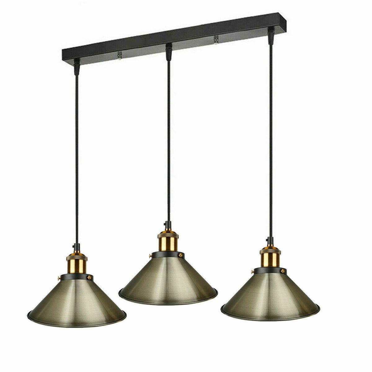 3-Light Pendant Cluster – Cone, Dome or Scalloped Shades, Plate or Bar - Yellow Brass, Flat Cone 22 cm Green Brass, Bar, Without Bulb